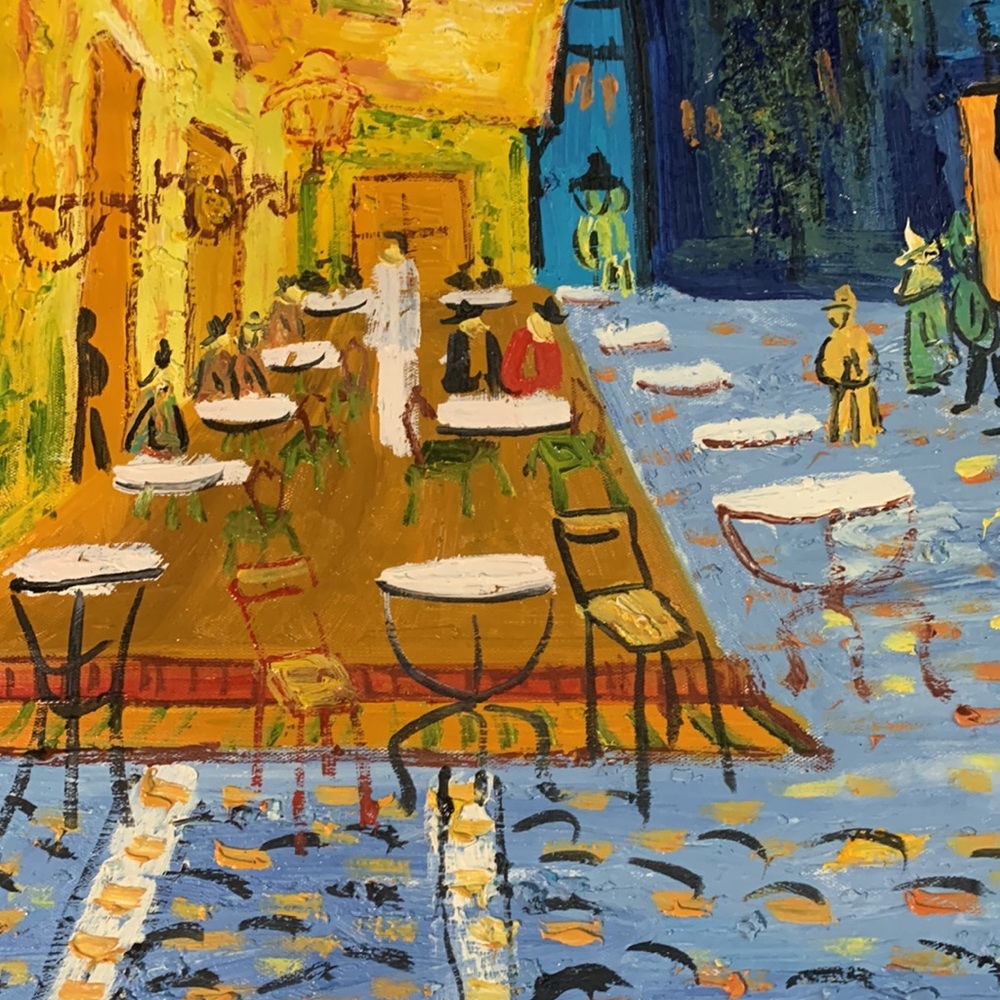 Vibrant cafe street scene.  Original oil painting.  20 x 24. Canvas 23.5 x 27 - Picture 2 of 6